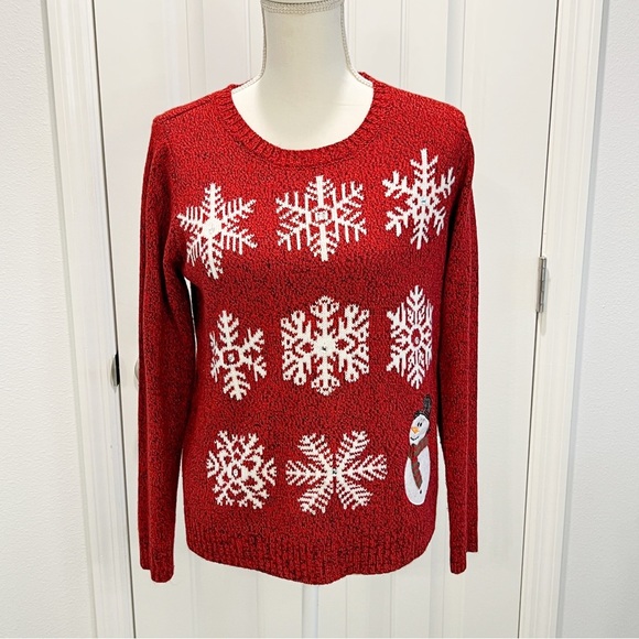 Karen Scott Christmas Snowman Snowflakes Red Sequins Sweater Long Sleeve PM - Picture 1 of 12